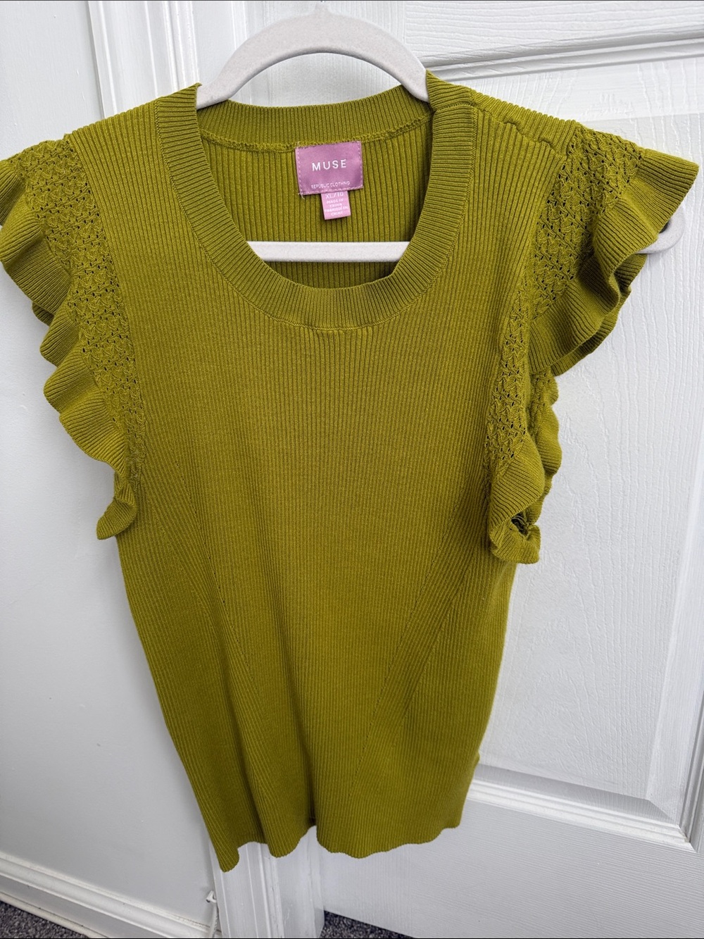 Muse Olive Green Ruffle Sleeve Knit Top